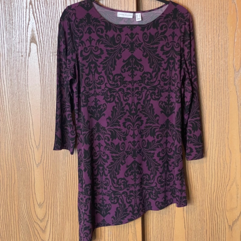 SUSAN GRAVER PURPLE & BLACK WOMEN’S TOP SIZE M SIDE KNOT 3/4 SLEEVES - Picture 5 of 5